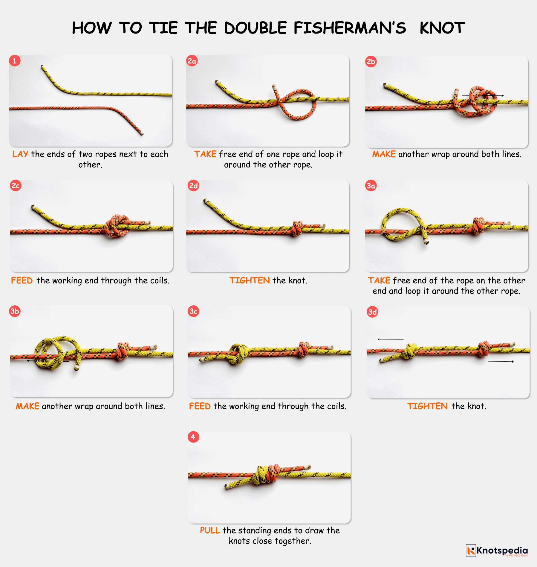 Step-by-step instructions for tying the double fisherman's knot