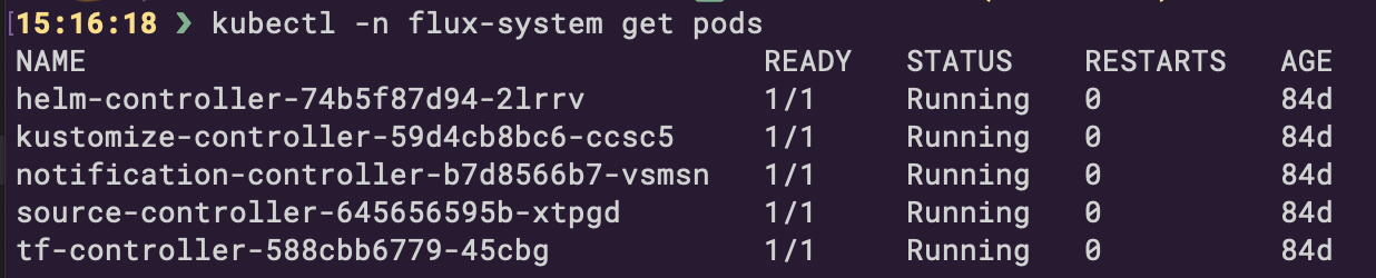 Terraform Controller and Flux pods running in the cluster